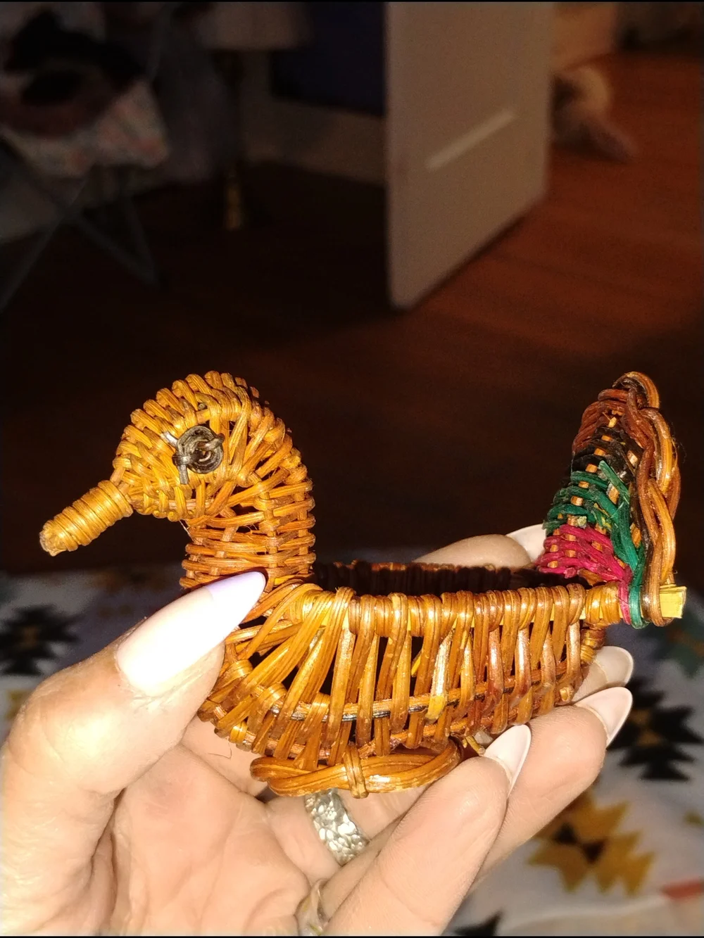 Set Of 4 Handwoven Brown Rattan Bird Toy with Colorful Tail Accent